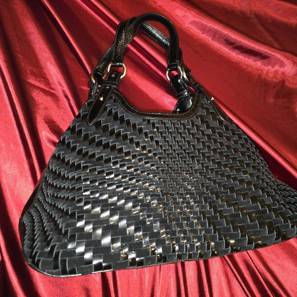 Cole Haan Black Genvieve Suede & Patent Medium Handbag